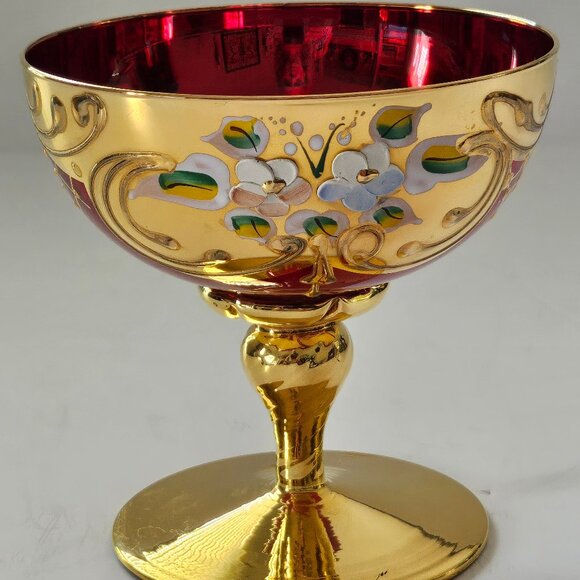 Tre Fuochi Venetian Murano Glass Ruby Red 24K Gold Floral Champagne Glass